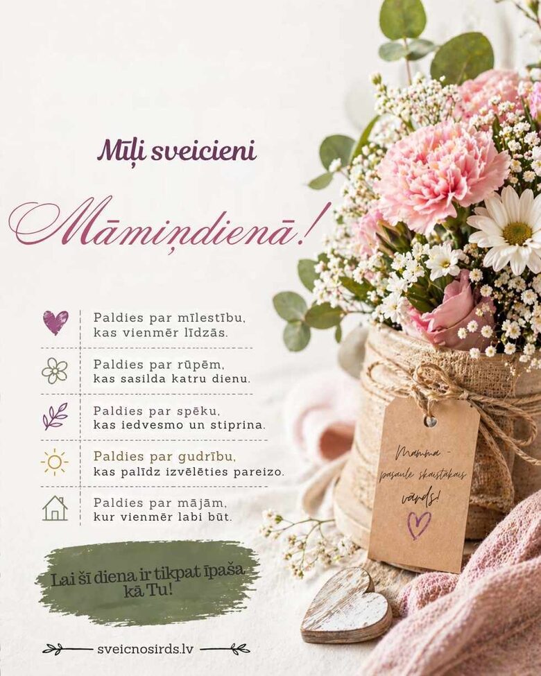 Mīļas apsveikuma kartiņas māmiņas dienā, mātes dienā